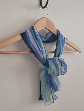 Vtg Gauzy Sheer Cool Striped Scarf, Navy Blue, Periwinkle, Mint & Green
